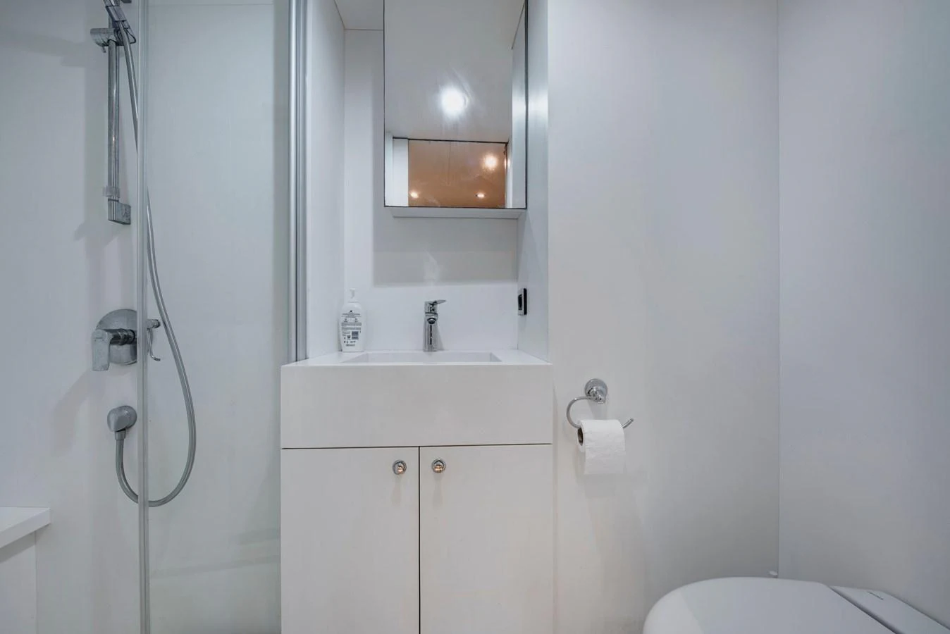 A sleek and modern yacht bathroom with minimalist design. aboard K Yacht for Sale