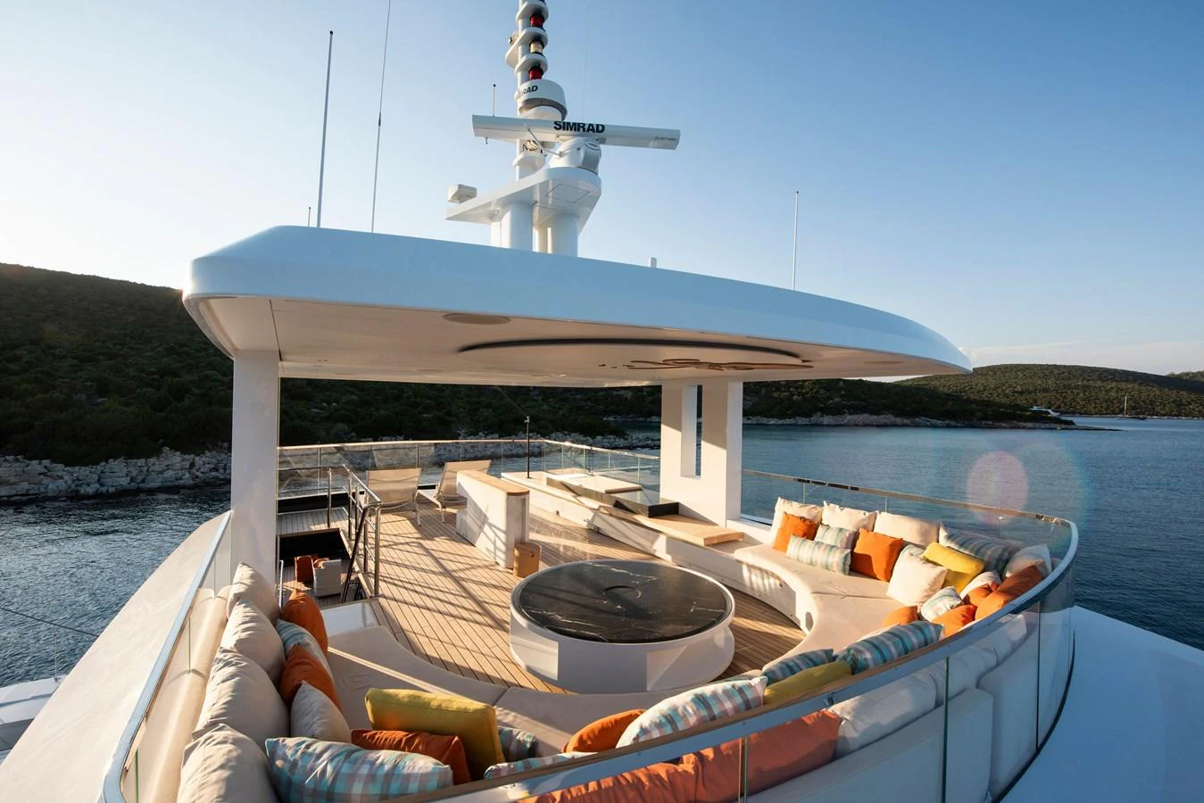 The sundeck offers a spacious and comfortable seating area with panoramic views. aboard K Yacht for Sale