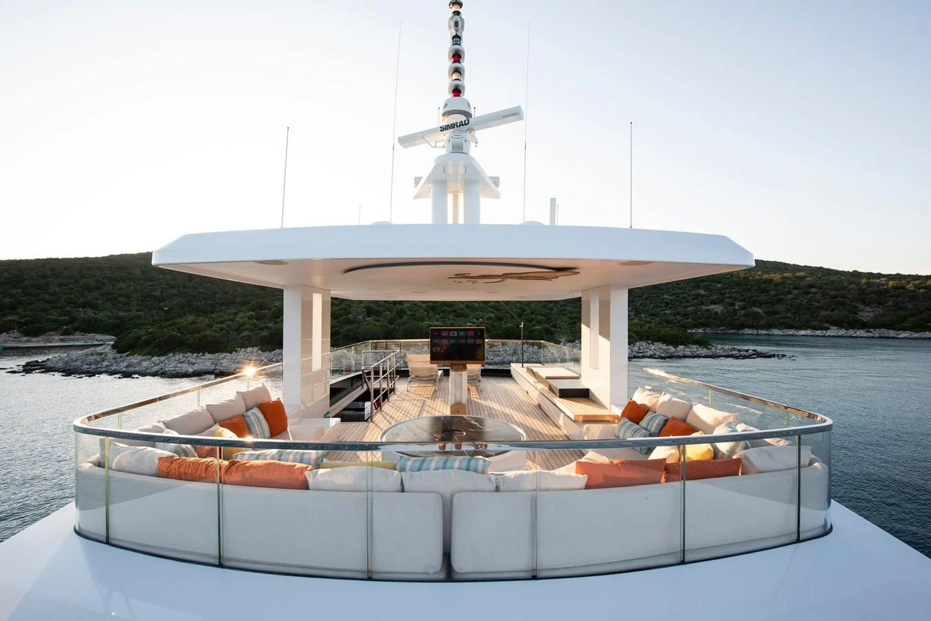 The sundeck offers a spacious and inviting area for relaxation with panoramic views. aboard K Yacht for Sale