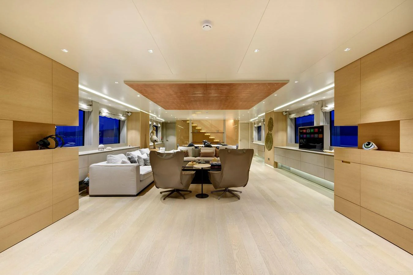 The spacious salon features modern furnishings and ample natural light. aboard K Yacht for Sale