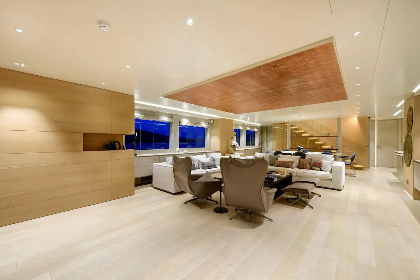 The spacious salon features modern furnishings and ample natural light. aboard K Yacht for Sale