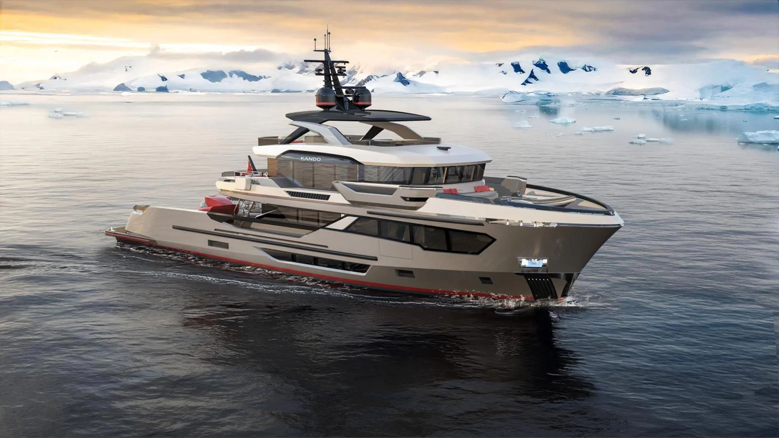 A sleek and modern yacht cruises through icy waters against a backdrop of snow-capped mountains. aboard KANDO 130 XL Yacht for Sale