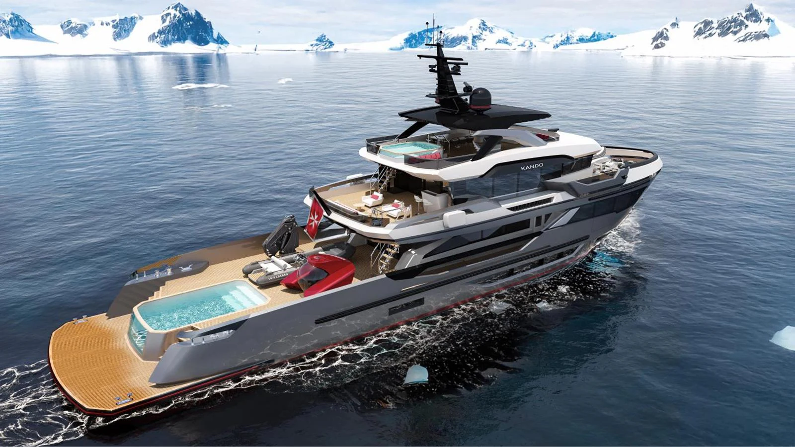 A sleek and modern yacht cruises through icy waters, showcasing its luxurious amenities and stylish design. aboard KANDO 130 XL Yacht for Sale