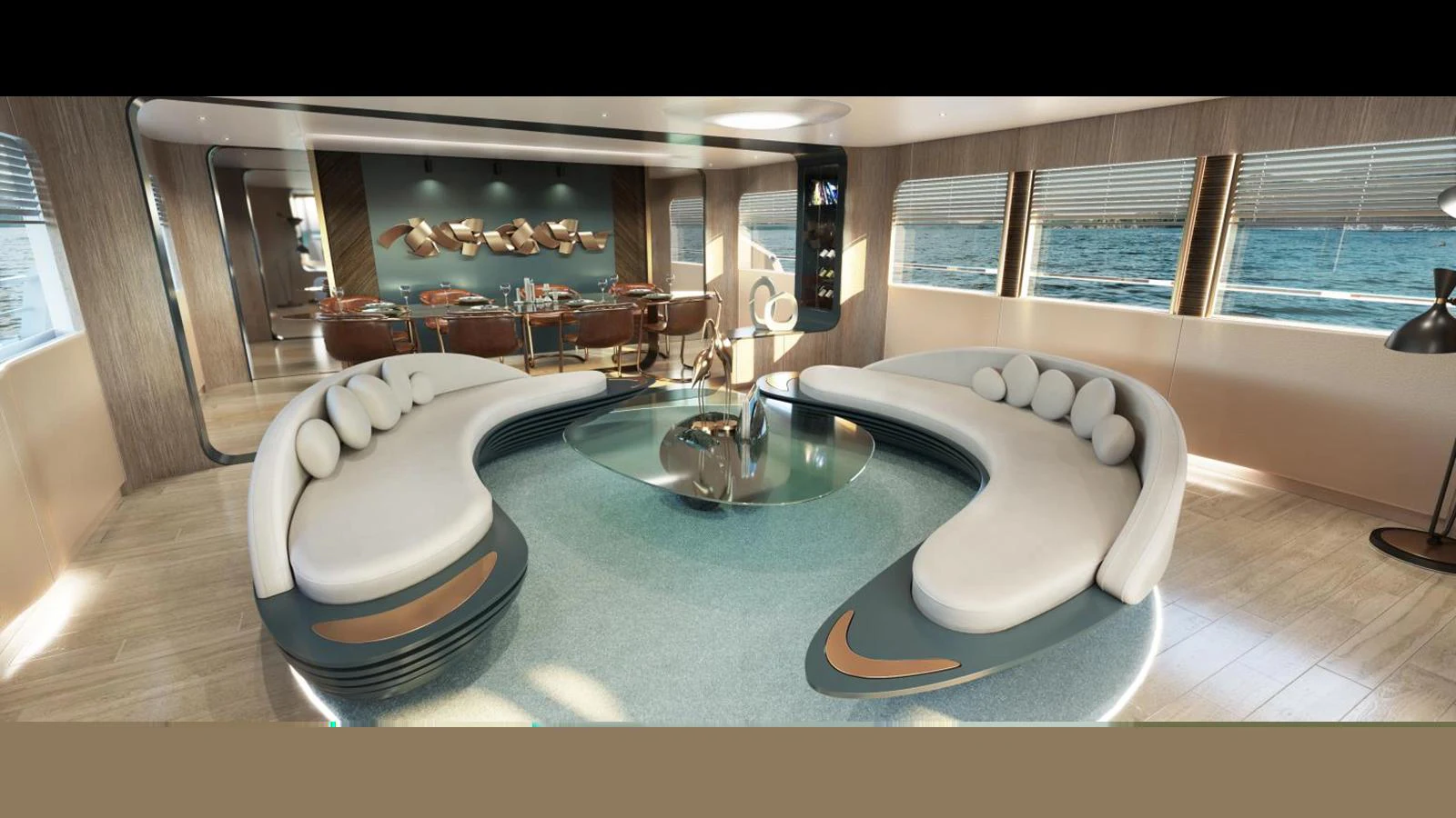 The yacht's salon features modern, curved seating and expansive windows offering stunning ocean views. aboard KANDO 130 XL Yacht for Sale