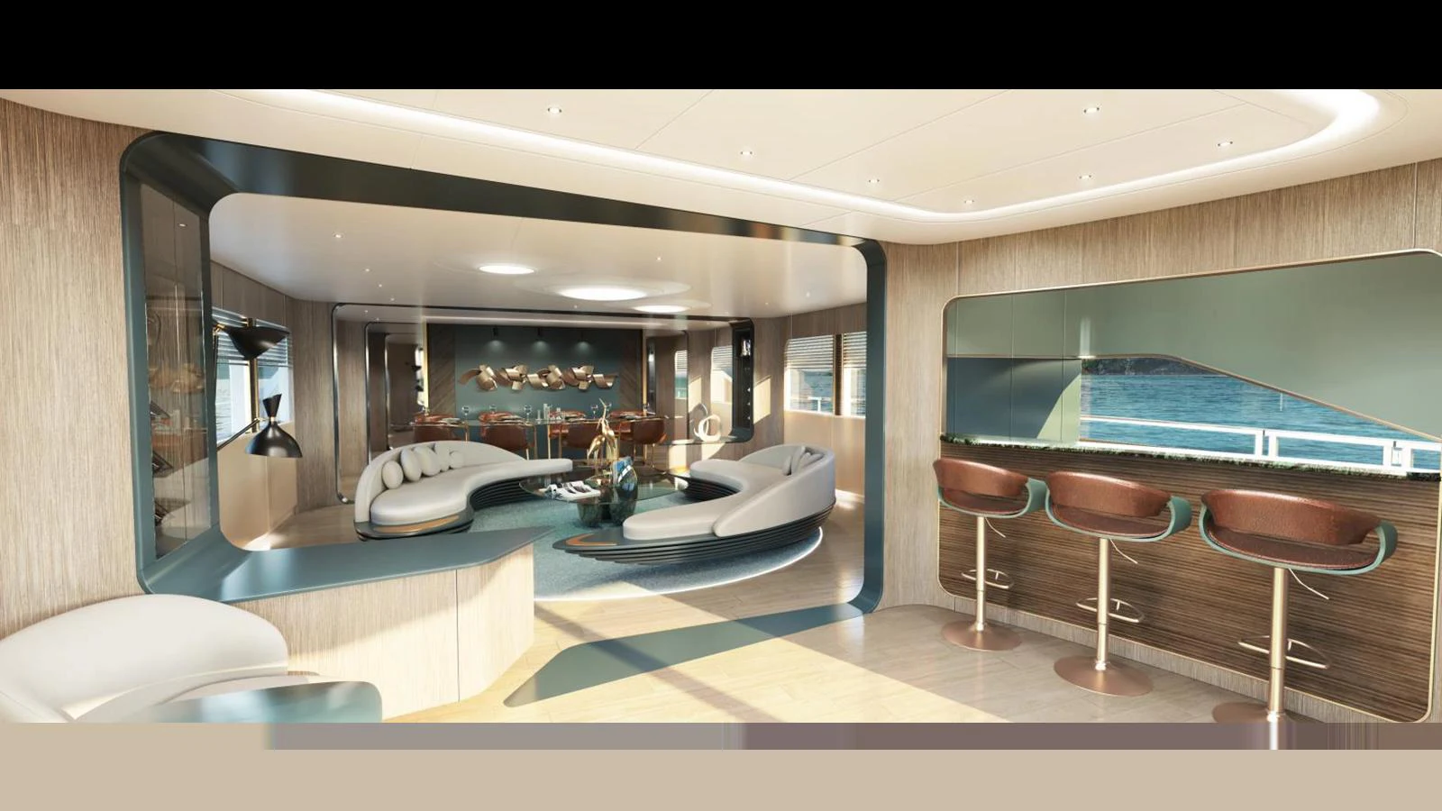 The salon features modern, luxurious seating with panoramic windows offering stunning views. aboard KANDO 130 XL Yacht for Sale