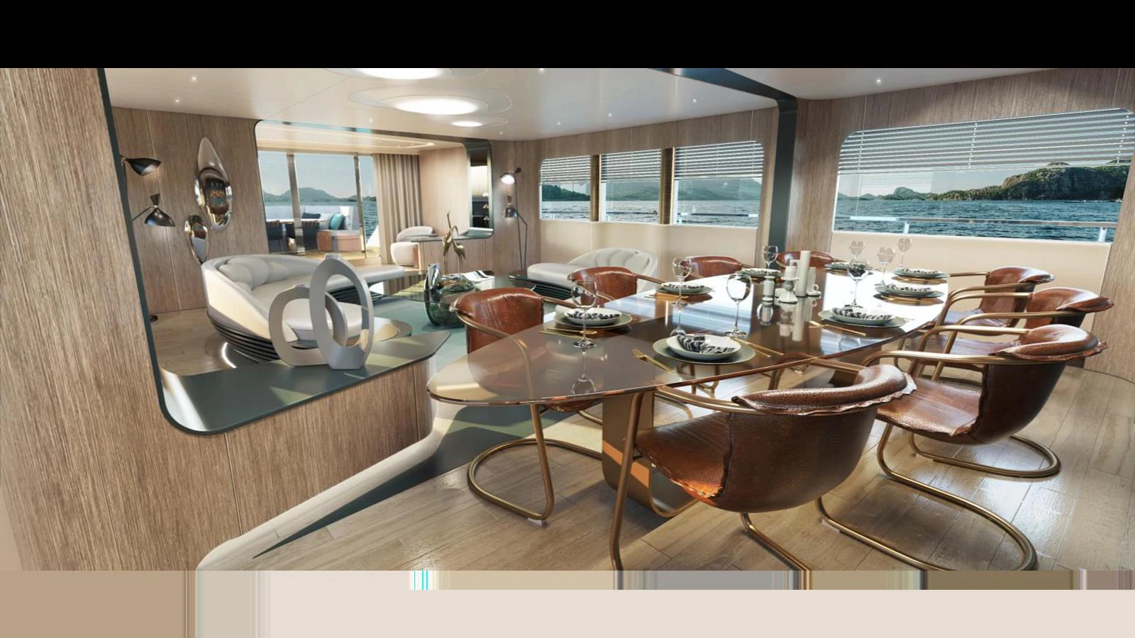 The yacht's dining area features elegant furnishings and panoramic windows offering stunning sea views. aboard KANDO 130 XL Yacht for Sale