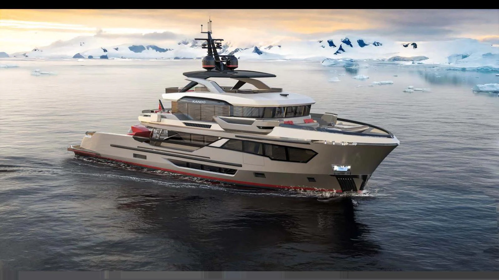 A luxurious yacht cruises through icy waters, showcasing its sleek design and modern amenities. aboard KANDO 130 XL Yacht for Sale