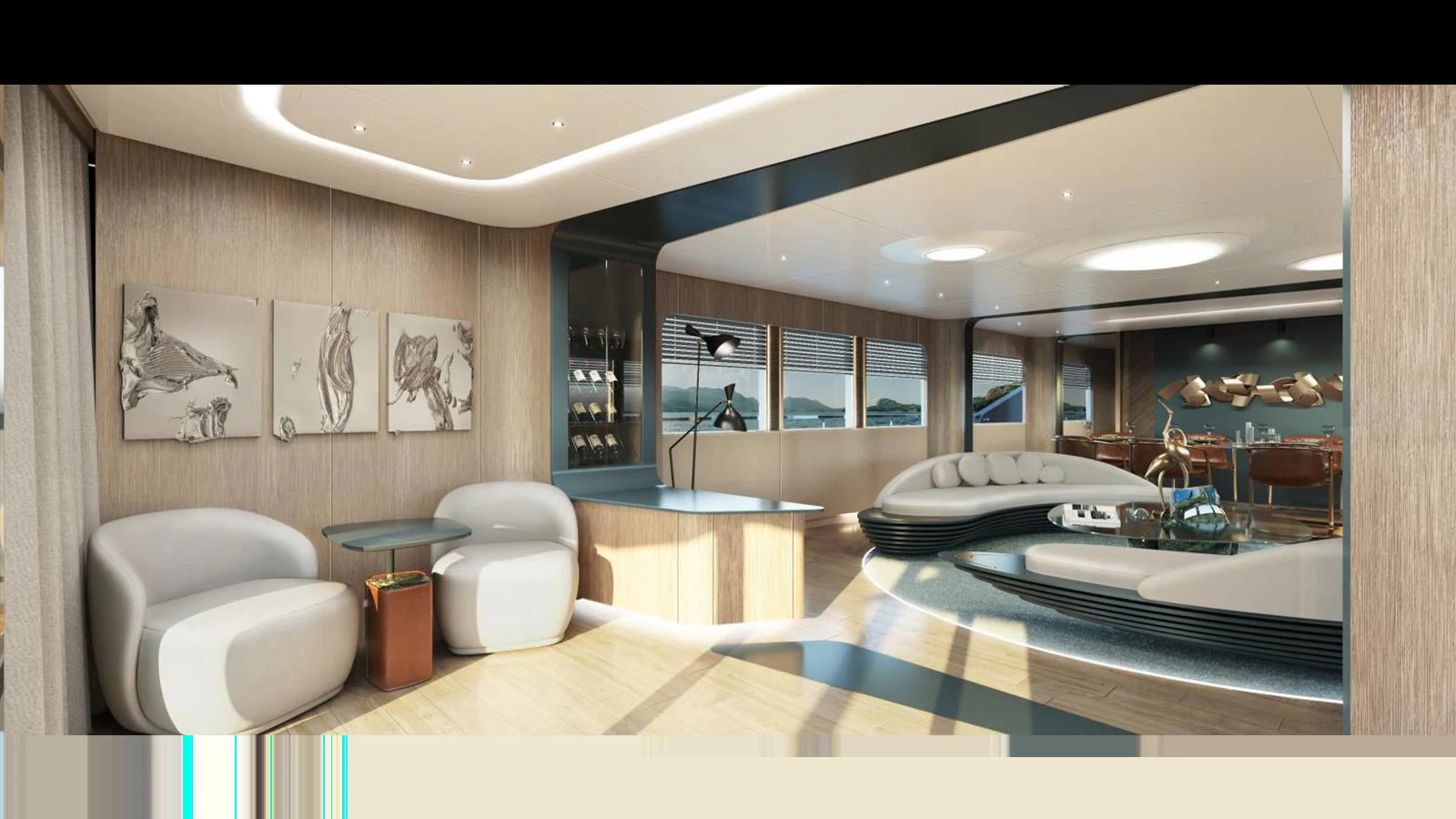 The salon features modern furnishings with ample natural light and elegant decor. aboard KANDO 130 XL Yacht for Sale