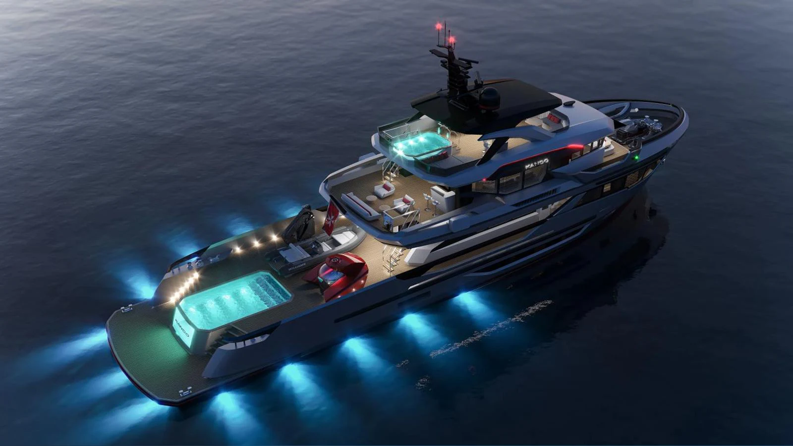 A luxurious yacht illuminated at night, showcasing multiple decks and a stunning pool area. aboard KANDO 130 XL Yacht for Sale