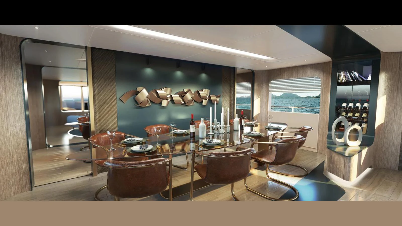 The yacht's dining area features a sleek, modern design with a large glass table and stylish leather chairs, complemented by an elegant wine display. aboard KANDO 130 XL Yacht for Sale