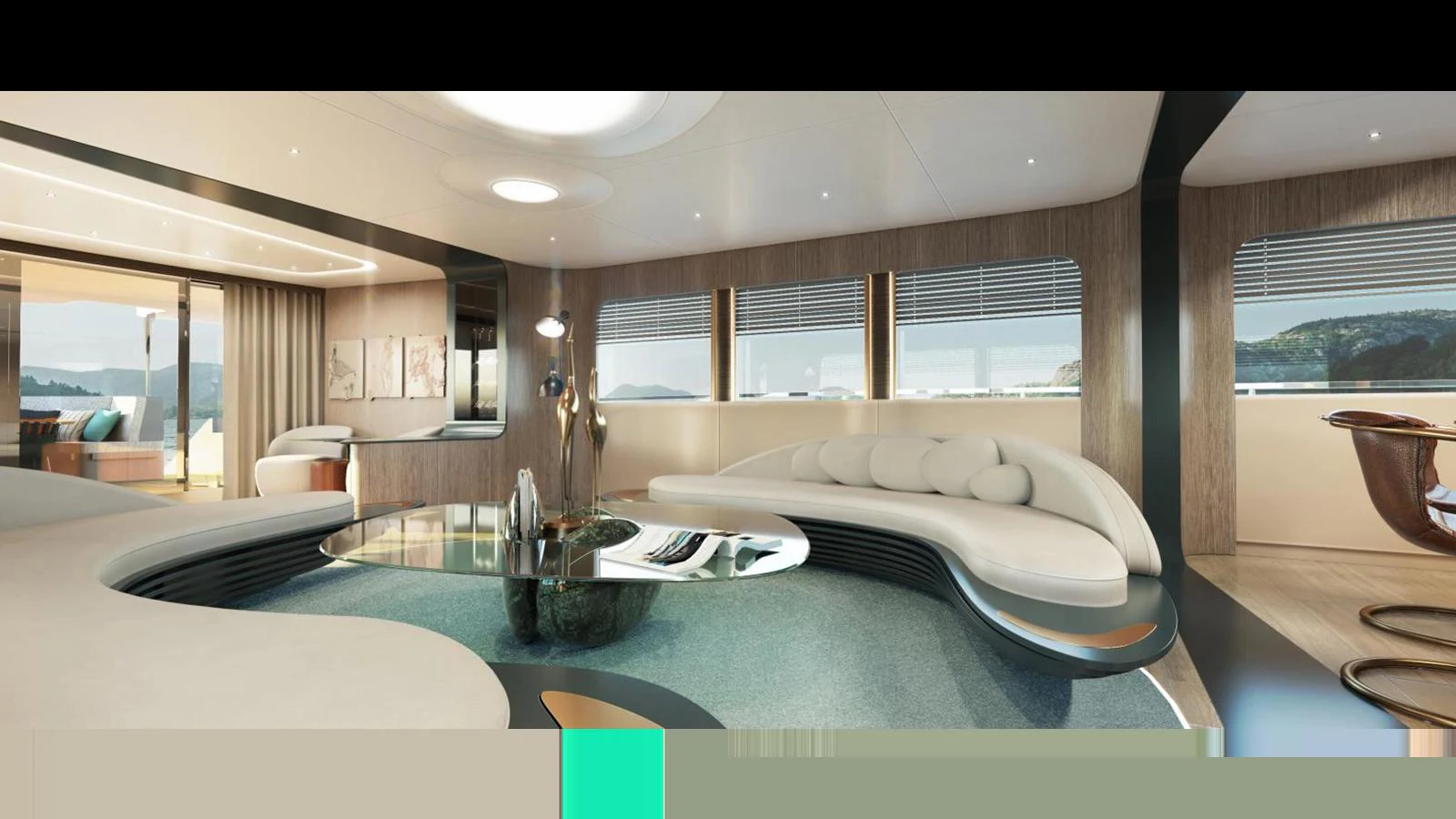 The yacht's salon features a modern and spacious design with ample seating and large windows offering stunning views. aboard KANDO 130 XL Yacht for Sale