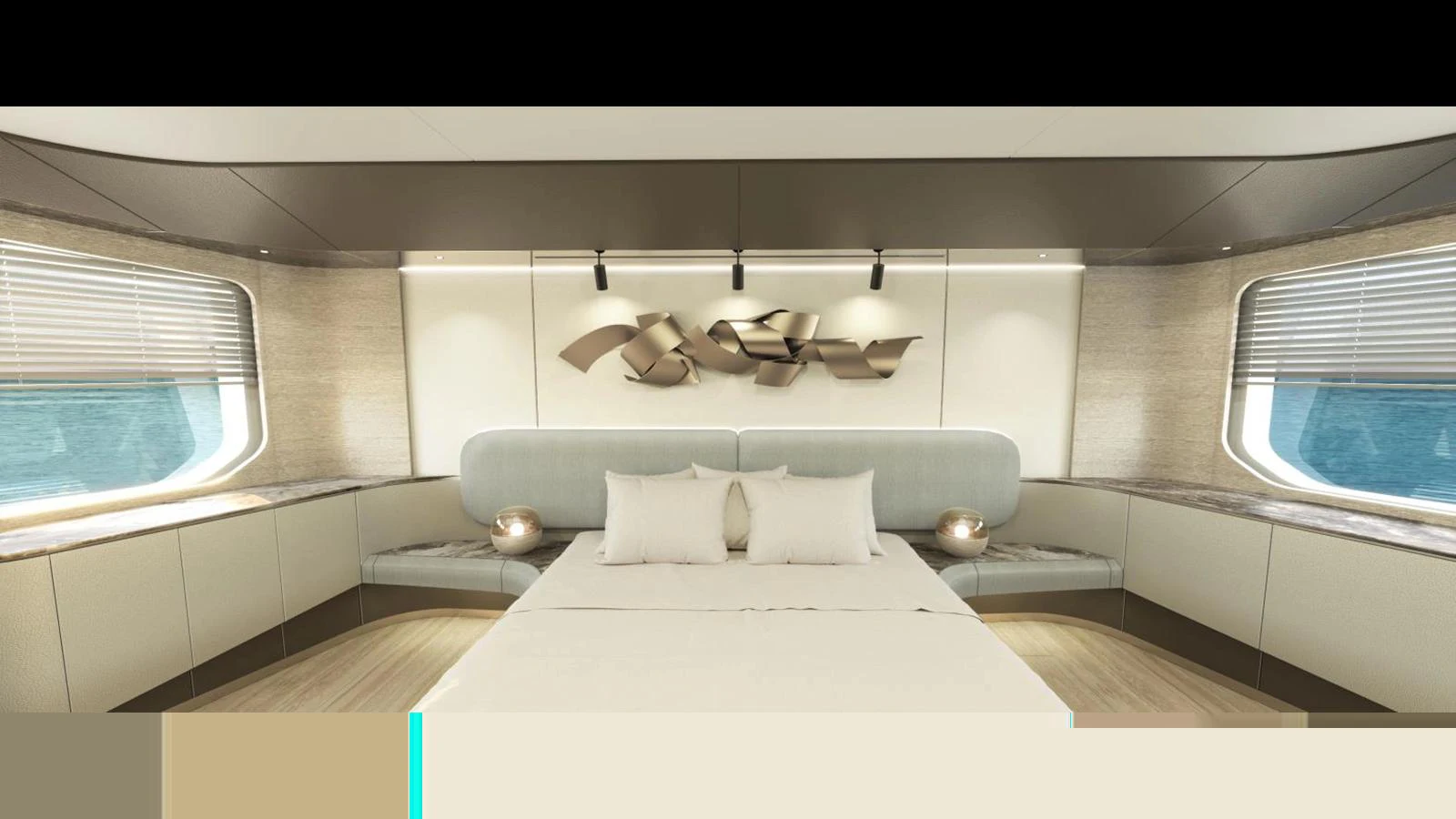 The master stateroom features a luxurious bed with modern decor and ample natural light. aboard KANDO 130 XL Yacht for Sale