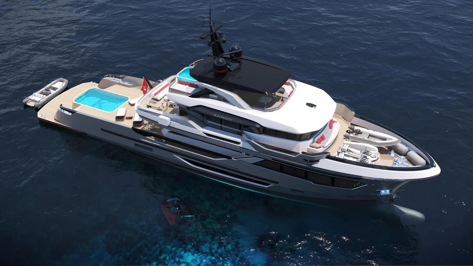 A luxurious yacht with sleek lines and a spacious deck, featuring a pool and various lounging areas. aboard KANDO 130 XL Yacht for Sale
