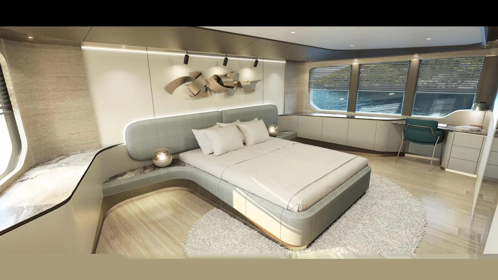 The master stateroom features a luxurious bed, modern decor, and ample natural light. aboard KANDO 130 XL Yacht for Sale