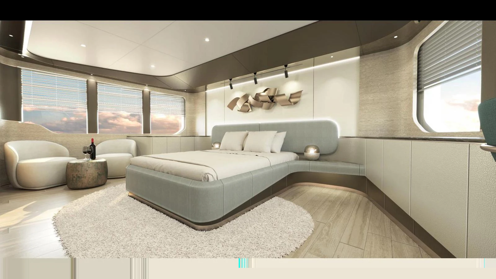 The master stateroom features a luxurious bed with modern furnishings and ample natural light. aboard KANDO 130 XL Yacht for Sale