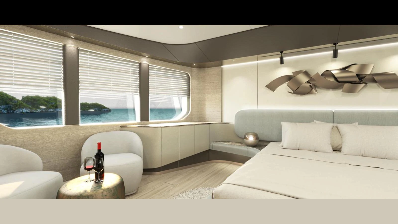 The master stateroom offers a luxurious and serene retreat with large windows providing stunning sea views. aboard KANDO 130 XL Yacht for Sale