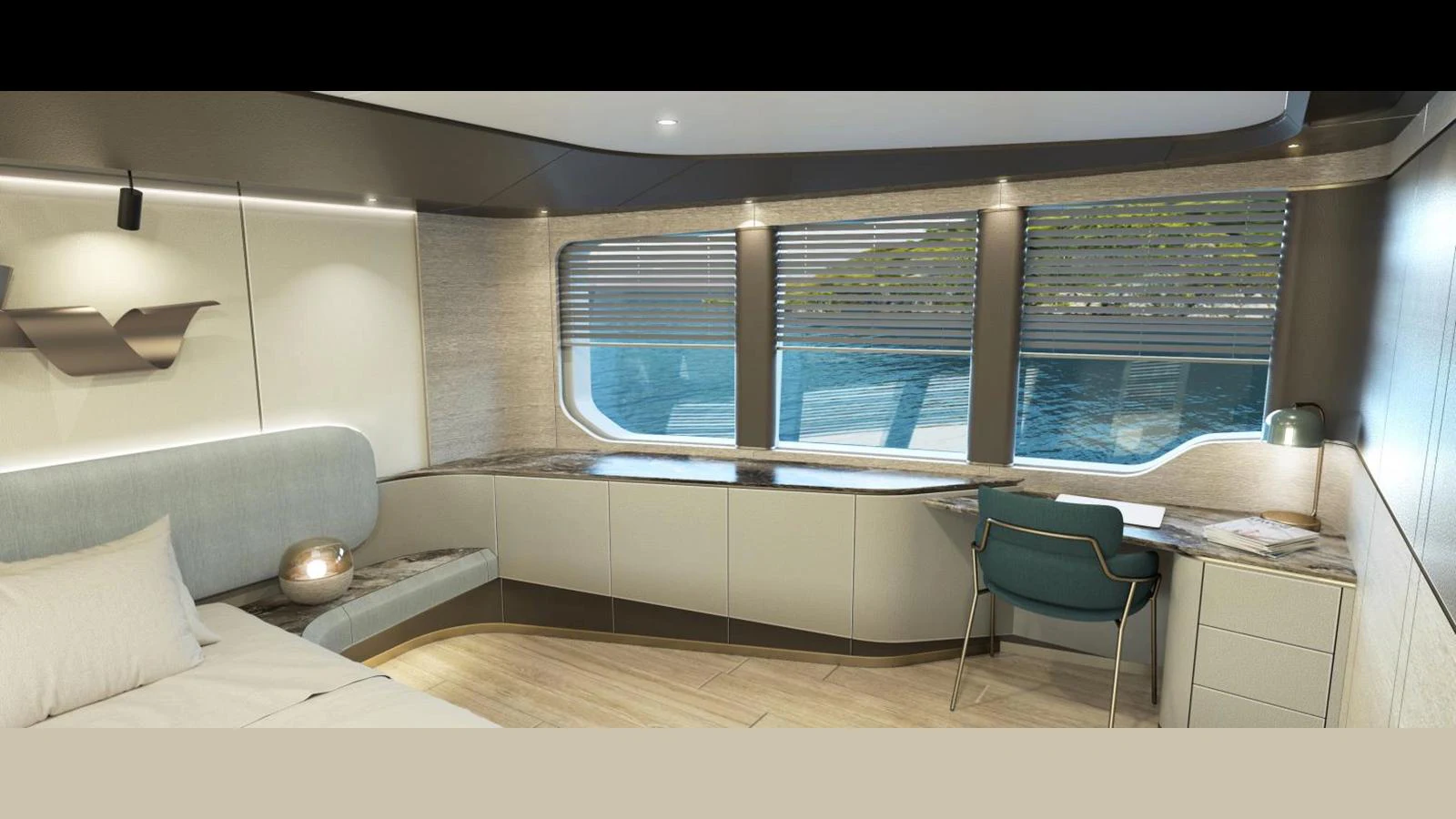 A luxurious stateroom with modern furnishings and large windows offering a scenic view. aboard KANDO 130 XL Yacht for Sale