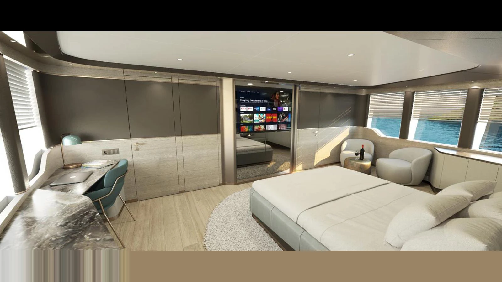 The master stateroom features a luxurious bed, a modern entertainment system, and ample natural light from large windows. aboard KANDO 130 XL Yacht for Sale