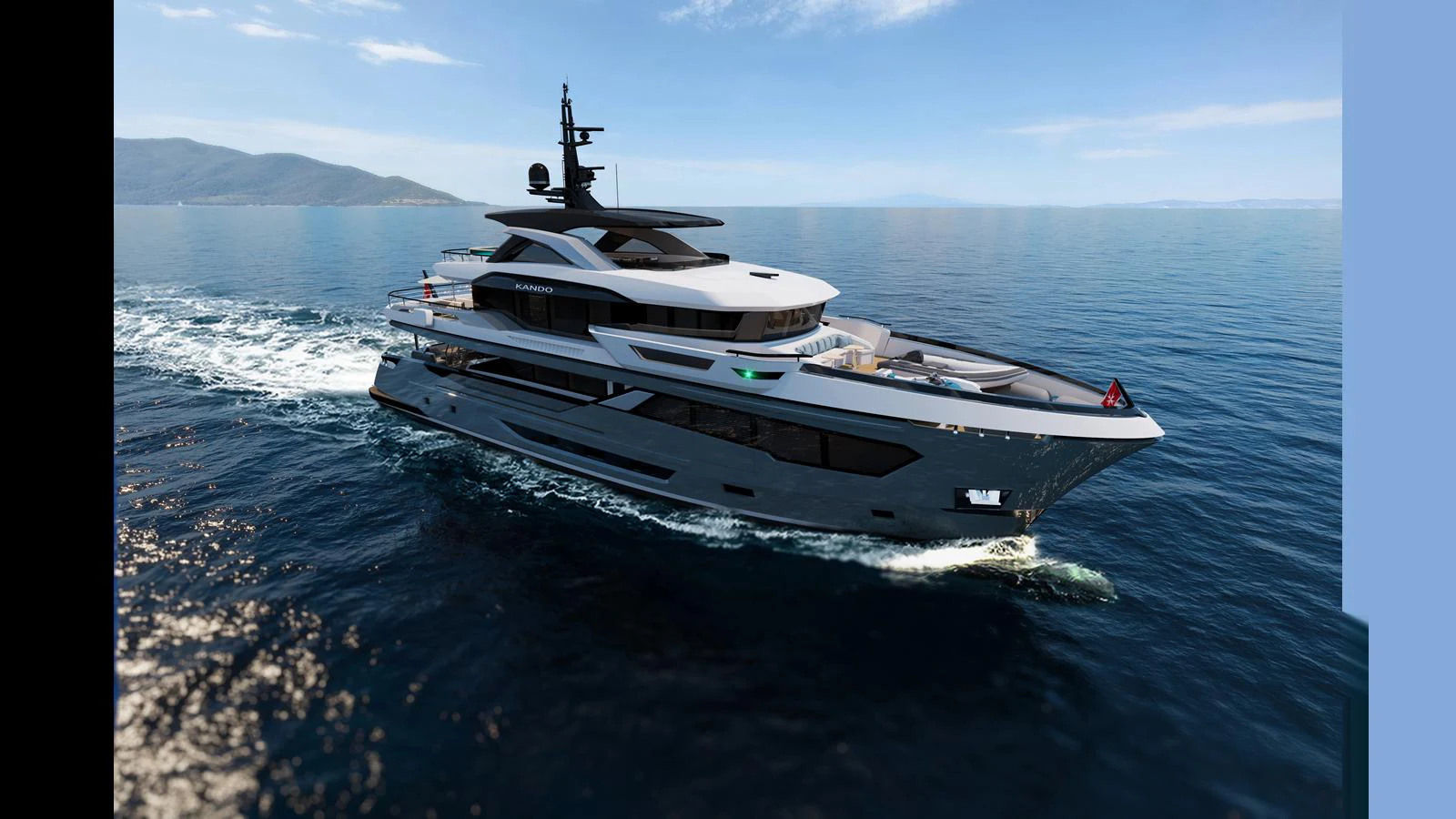 A sleek and modern yacht cruises through calm waters under a clear sky. aboard KANDO 120 Yacht for Sale