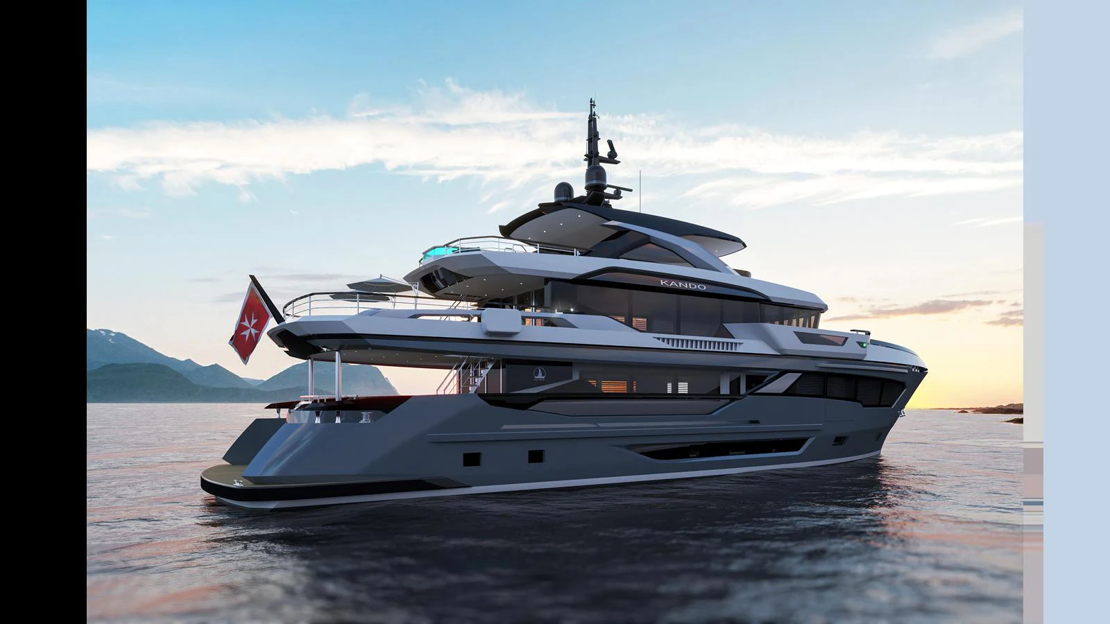 A sleek and modern yacht cruising at sunset, showcasing its elegant design and spacious decks. aboard KANDO 120 Yacht for Sale