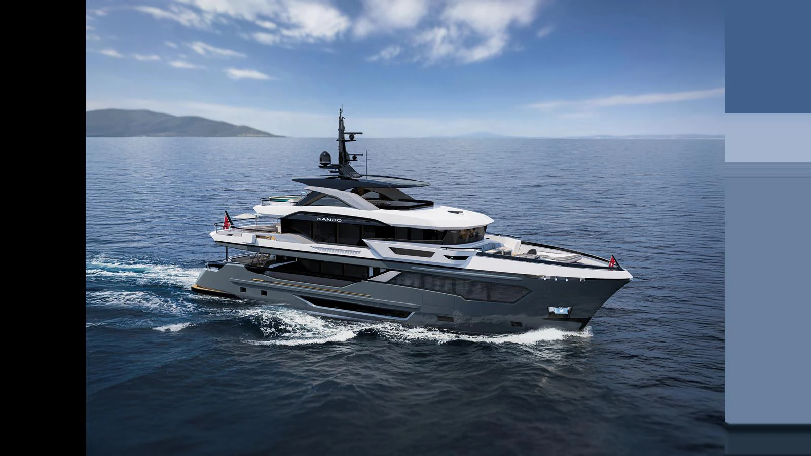 A sleek and modern yacht cruises through calm waters under a clear sky. aboard KANDO 120 Yacht for Sale