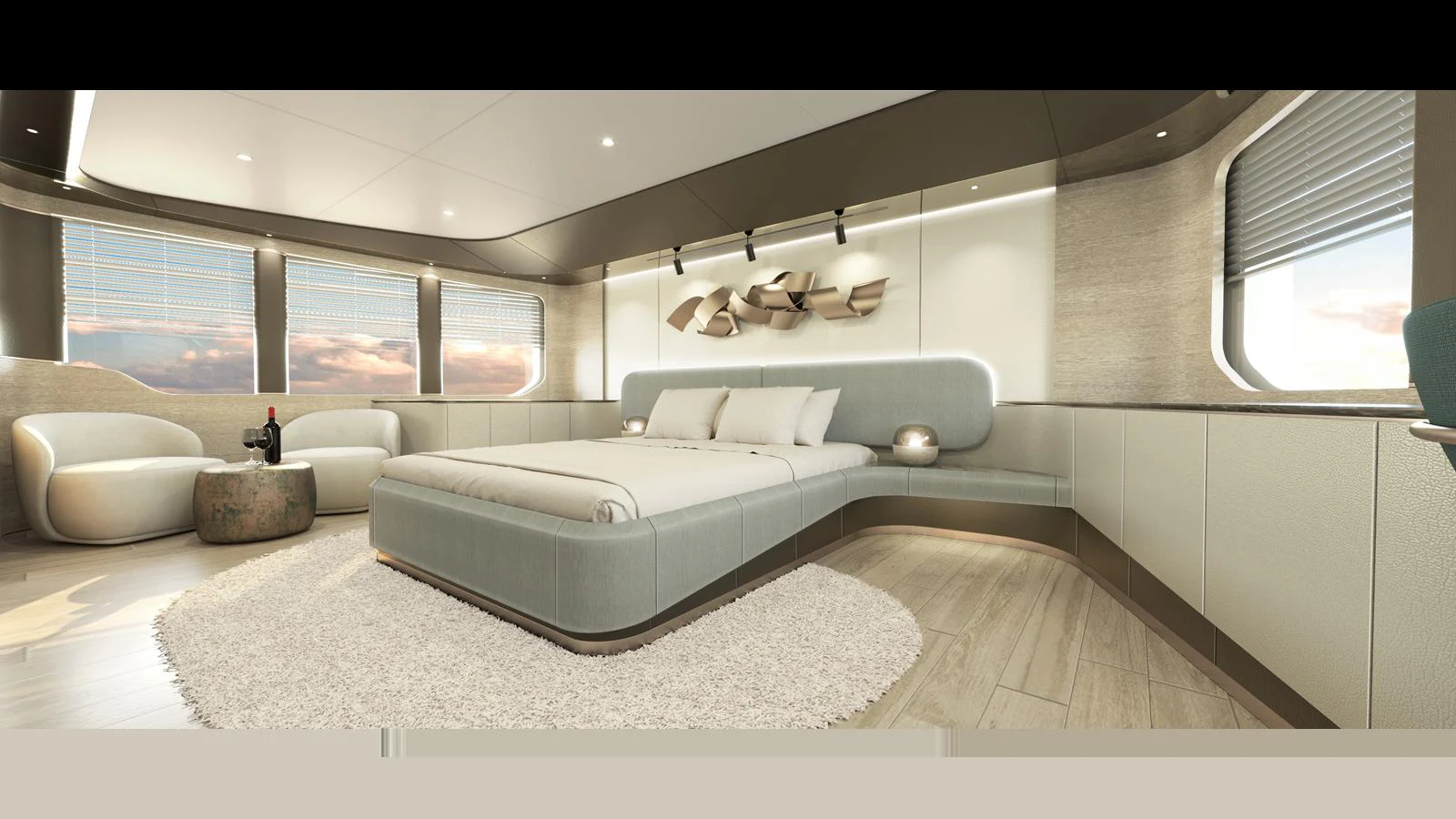 The master stateroom exudes luxury with its spacious layout and modern design. aboard KANDO 120 Yacht for Sale