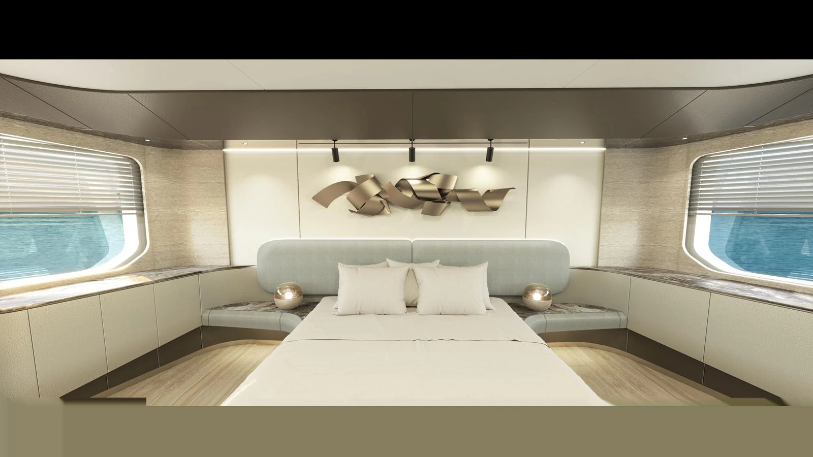 The master stateroom features a luxurious bed with modern decor and ample natural light. aboard KANDO 120 Yacht for Sale