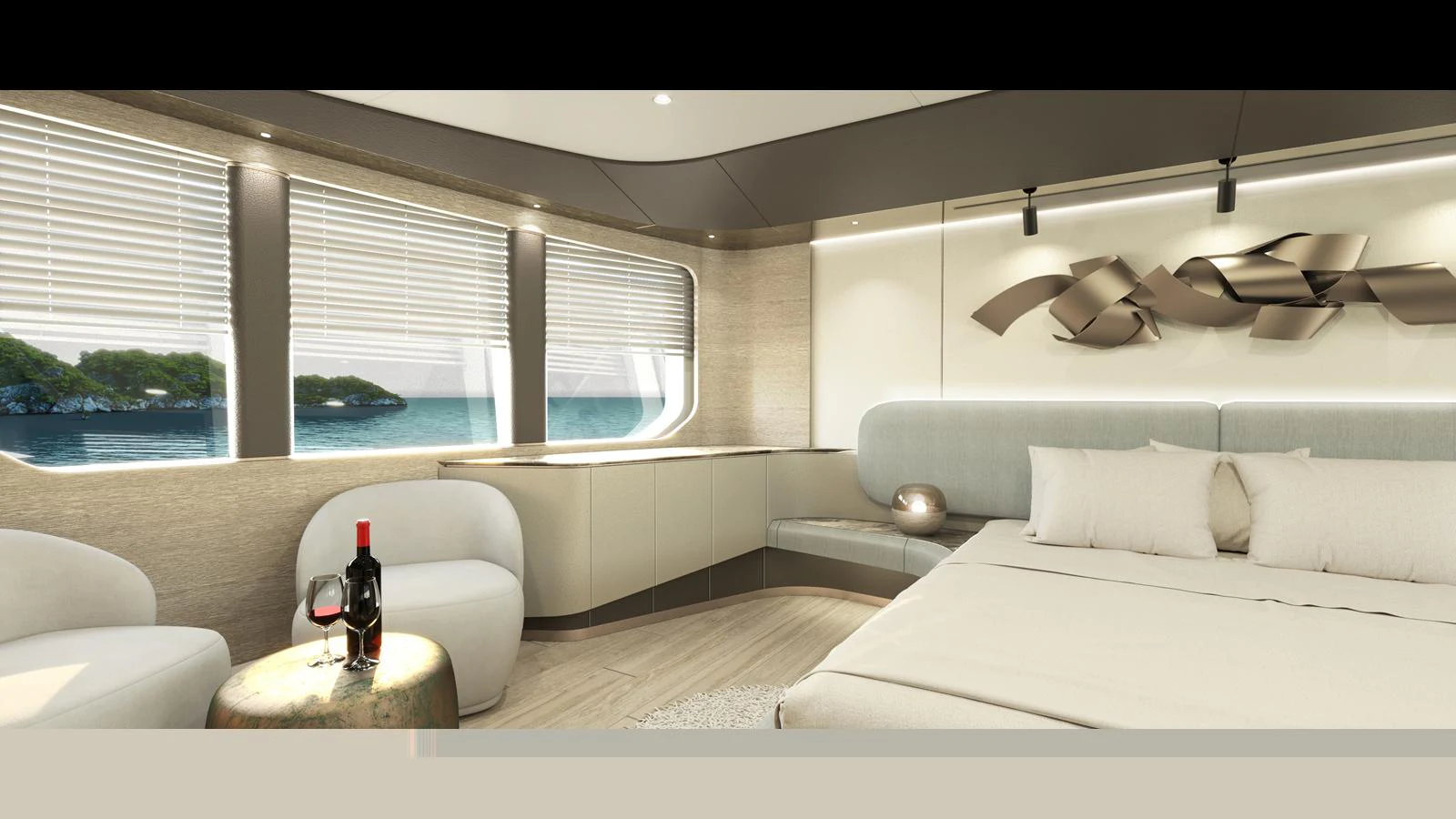The master stateroom features elegant decor with large windows offering stunning sea views. aboard KANDO 120 Yacht for Sale