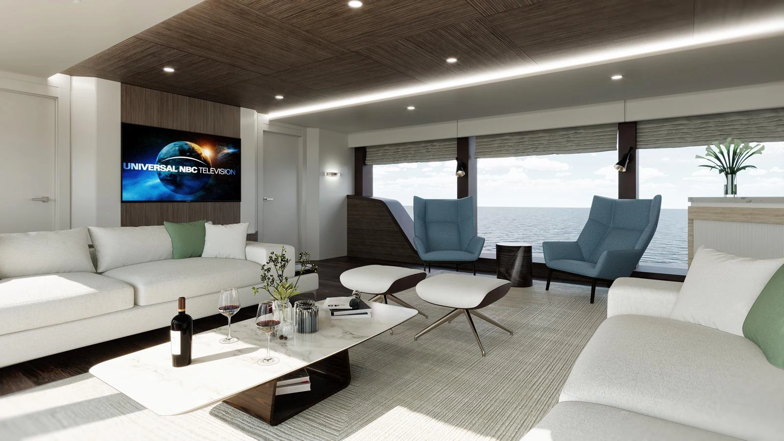 The salon features modern furnishings and large windows offering stunning sea views. aboard KANDO 120 Yacht for Sale
