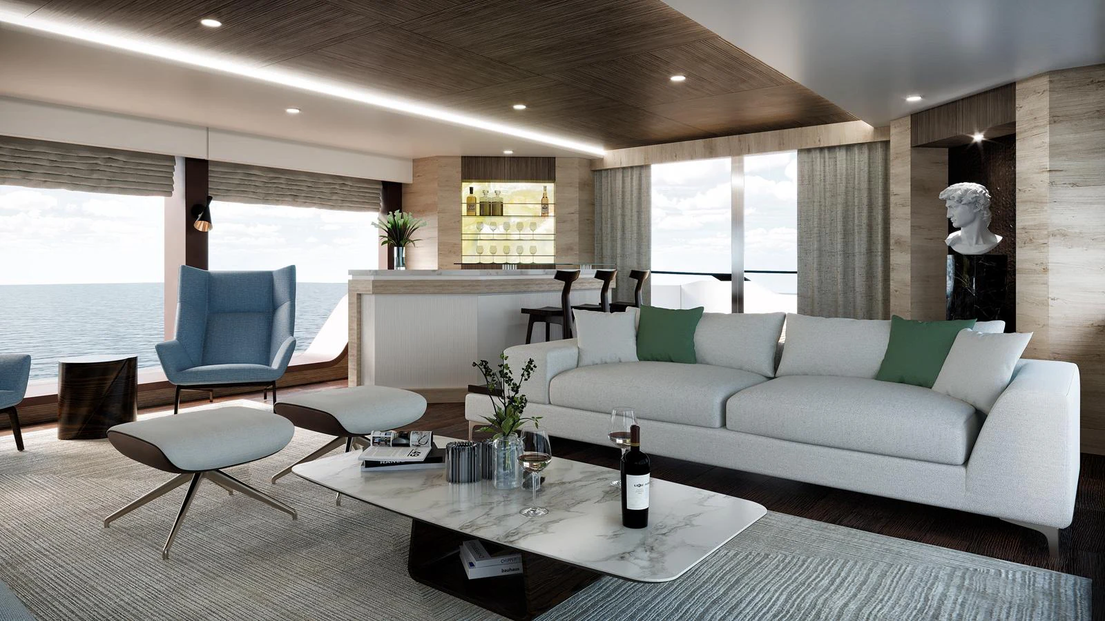 The salon features a modern and elegant design with comfortable seating and a stylish bar area. aboard KANDO 120 Yacht for Sale