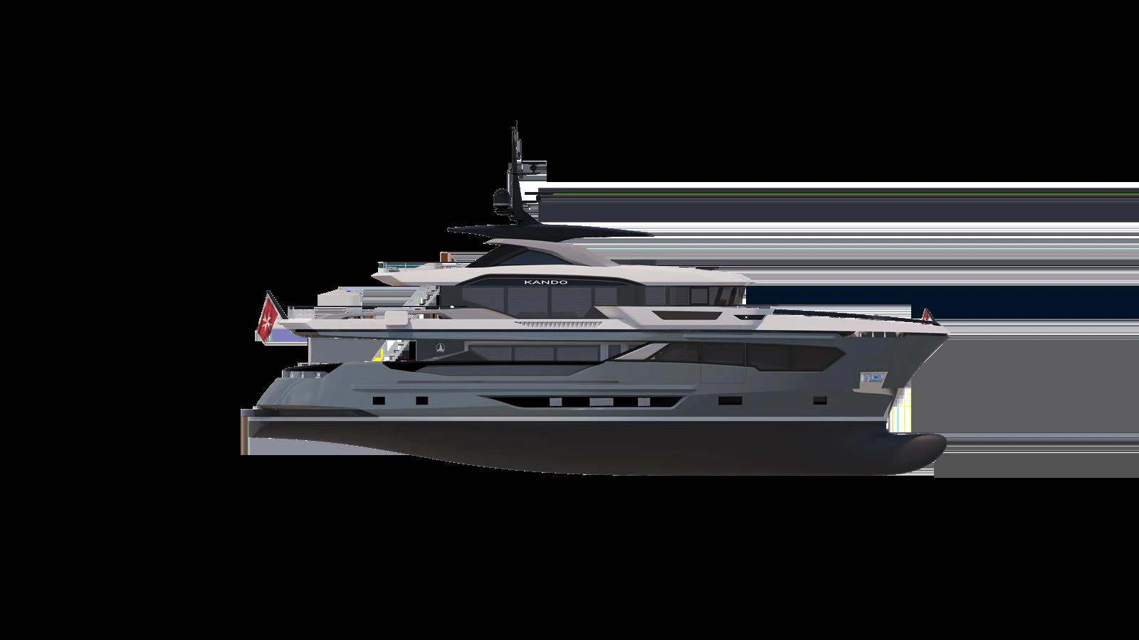 A sleek and modern yacht with a streamlined profile, showcasing its luxurious design. aboard KANDO 120 Yacht for Sale