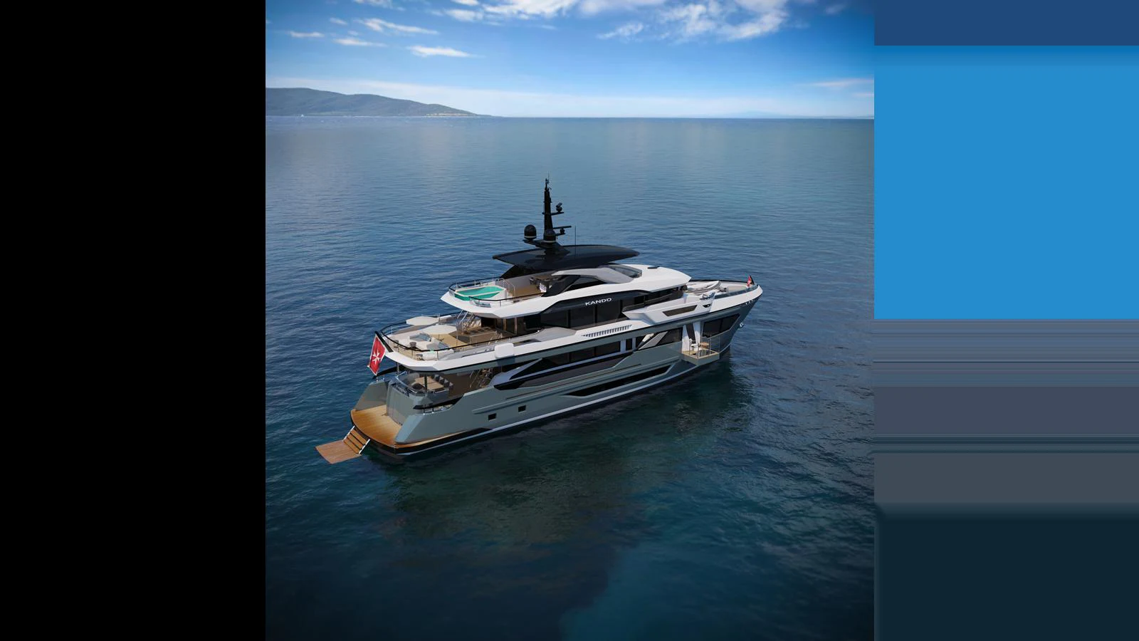 A luxurious yacht glides gracefully on calm waters under a clear blue sky. aboard KANDO 120 Yacht for Sale