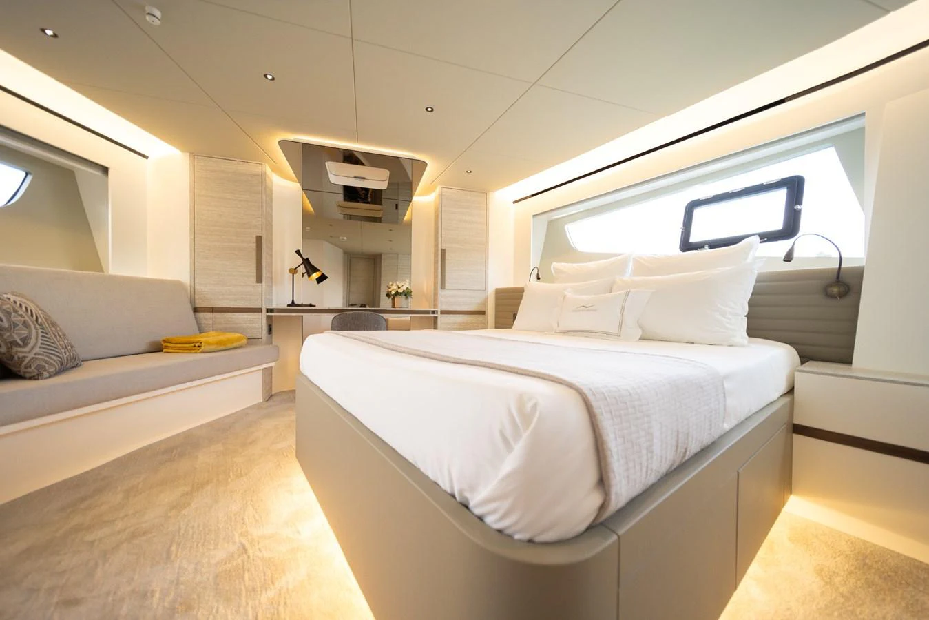 The master stateroom offers a luxurious and spacious retreat with modern design and ample natural light. aboard KAMOKA Yacht for Sale