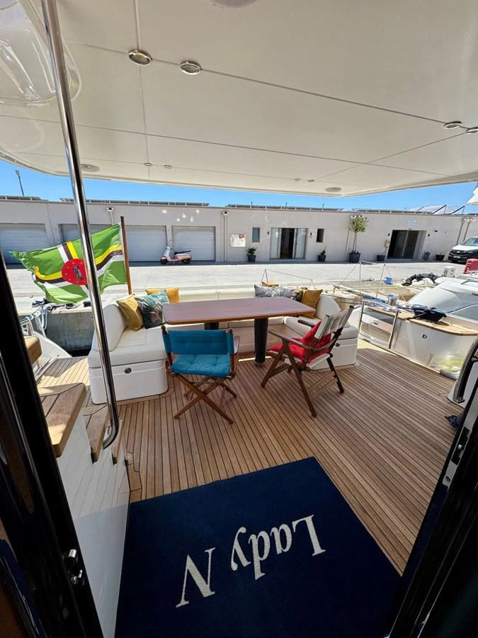 The aft deck features comfortable seating and a table, perfect for outdoor relaxation. aboard LADY N Yacht for Sale