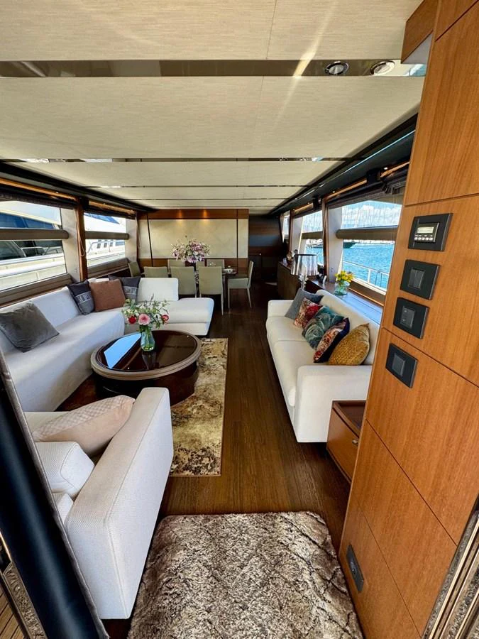 The yacht's salon features elegant seating and a stylish decor with large windows offering stunning views. aboard LADY N Yacht for Sale