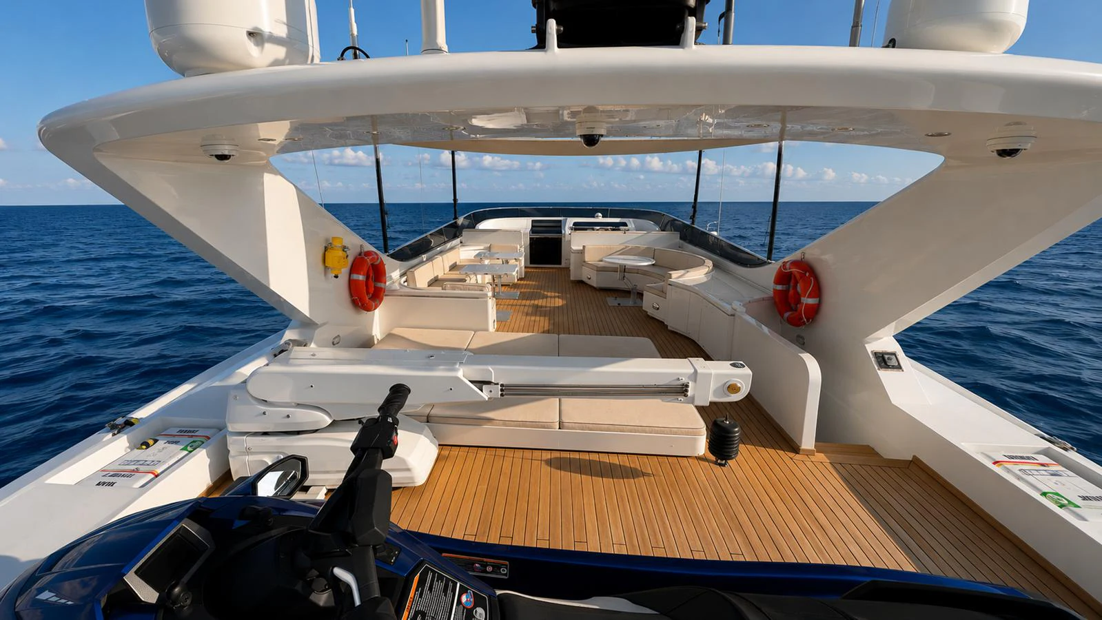 The spacious aft deck offers ample seating and stunning ocean views. aboard ALPHERATZ Yacht for Sale