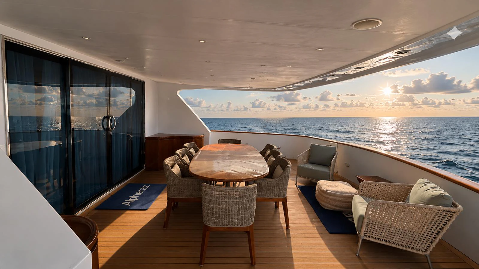 The aft deck offers a serene dining area with a stunning ocean view. aboard ALPHERATZ Yacht for Sale