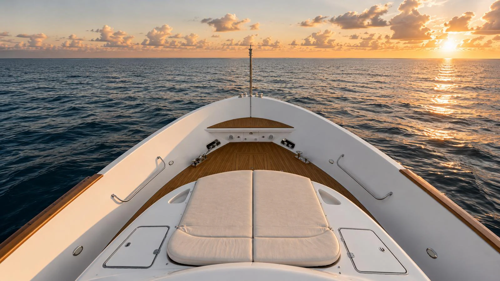The yacht's bow offers a serene view of the open sea at sunset, with plush seating for relaxation. aboard ALPHERATZ Yacht for Sale