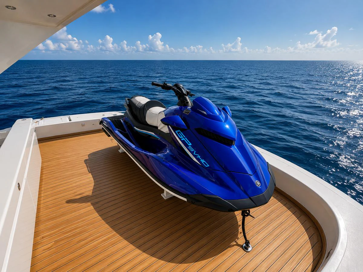 A sleek blue jet ski is positioned on the deck of a yacht, ready for adventure on the open sea. aboard ALPHERATZ Yacht for Sale