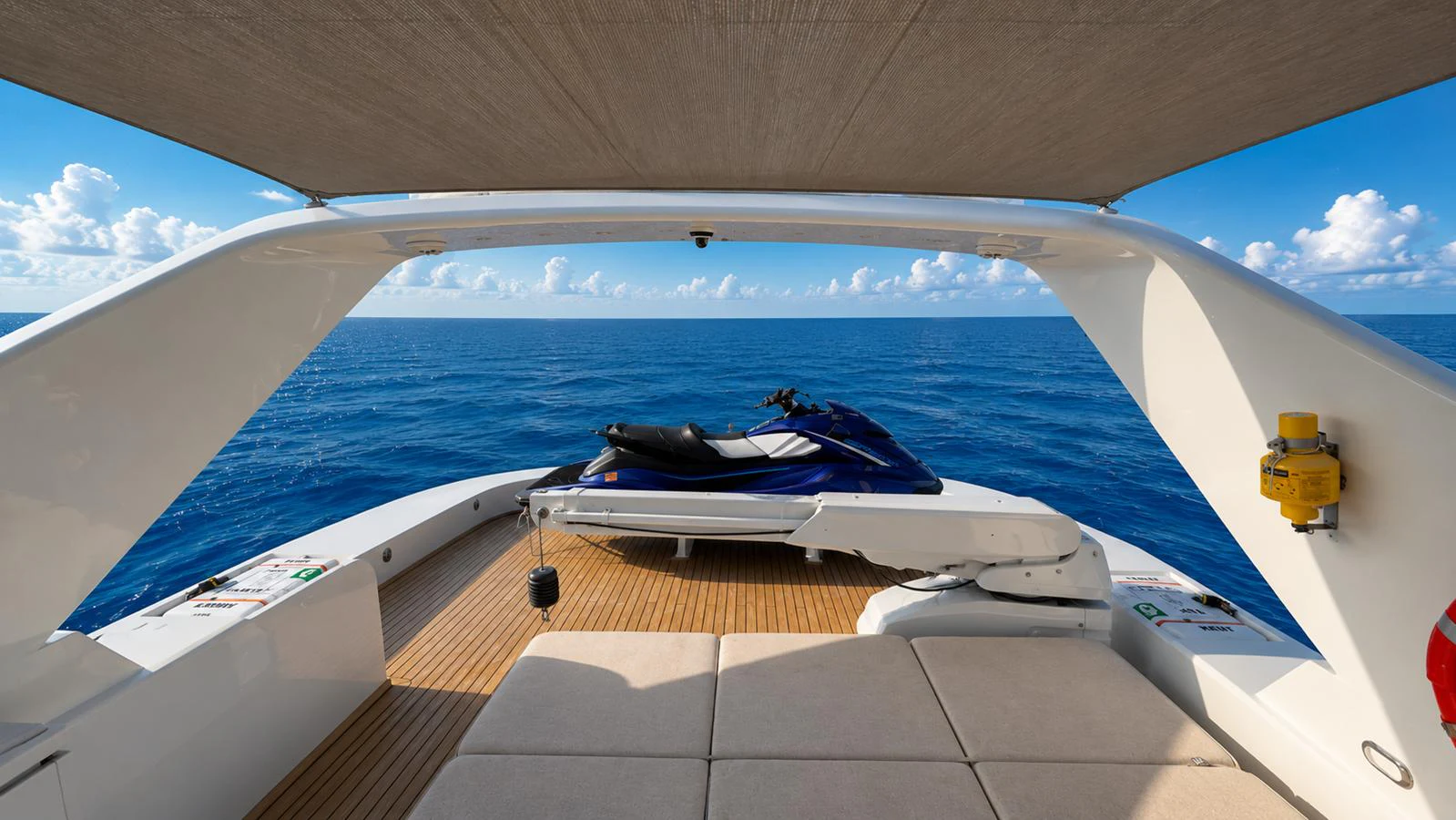 The aft deck features a jet ski and a comfortable lounging area under a canopy. aboard ALPHERATZ Yacht for Sale
