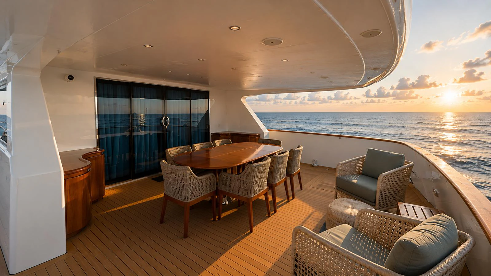 The aft deck features a spacious dining area with elegant seating, perfect for enjoying meals while watching the sunset over the ocean. aboard ALPHERATZ Yacht for Sale