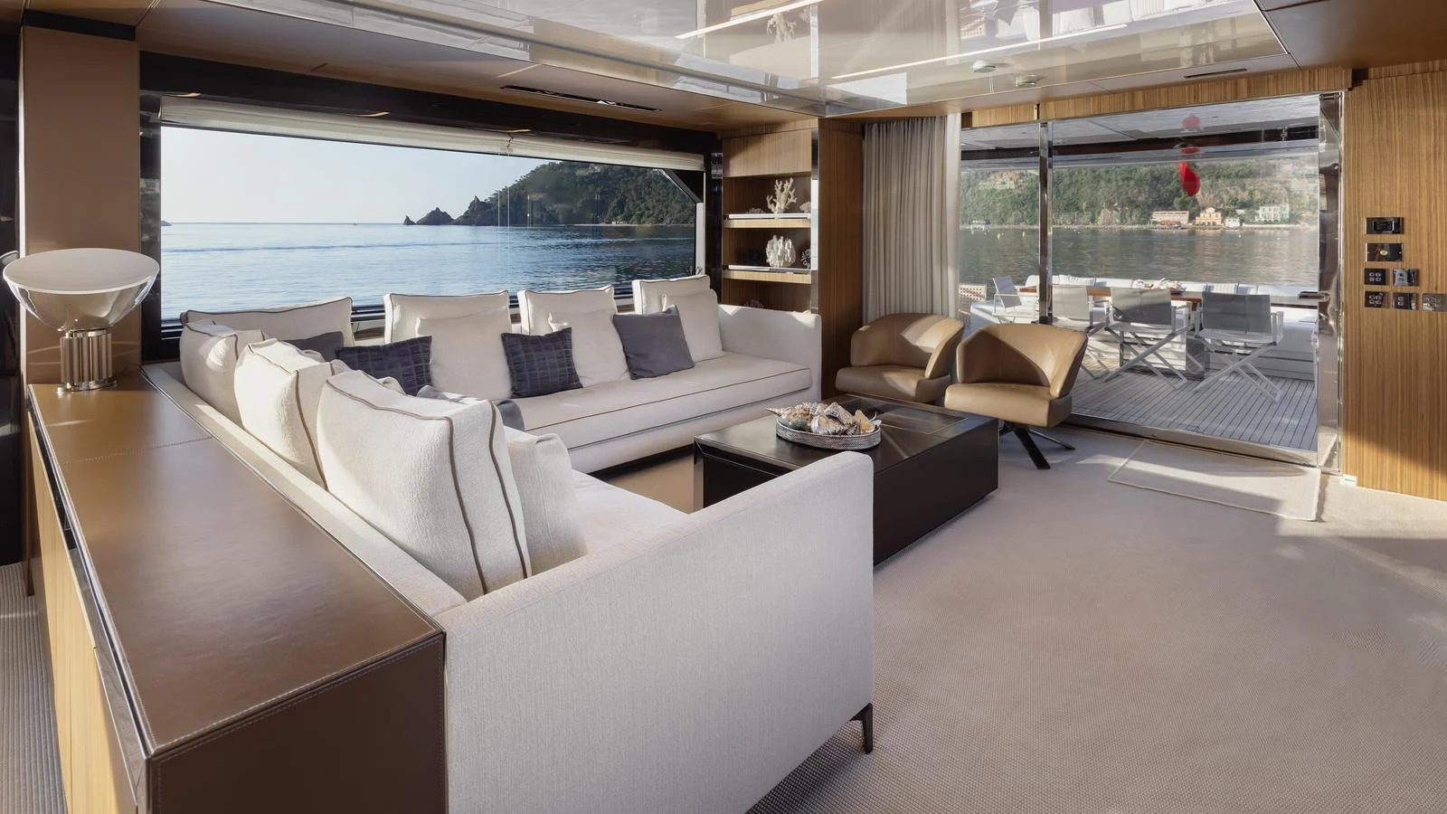 The spacious salon offers panoramic views and luxurious seating for relaxation. aboard M Yacht for Sale