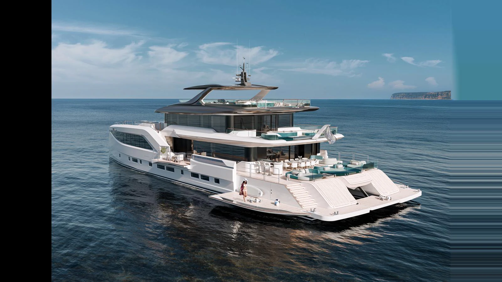 A stunning yacht with multiple decks and luxurious amenities cruising on calm waters. aboard GEMINI Yacht for Sale