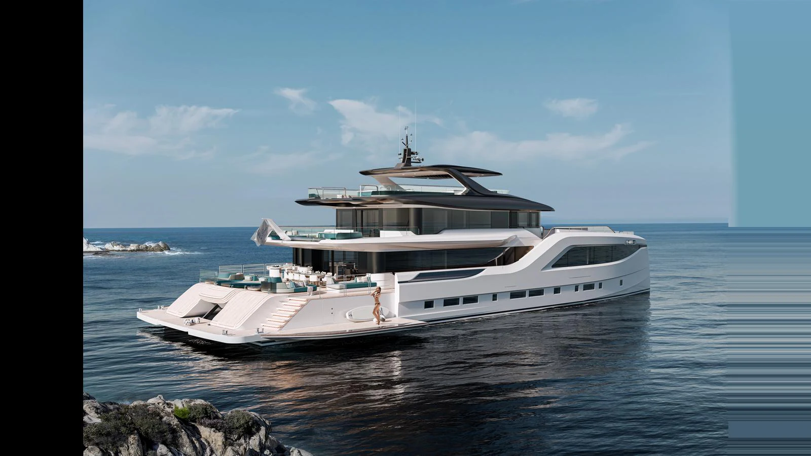 A sleek and modern yacht is anchored near a rocky shoreline, showcasing its luxurious design and expansive decks. aboard GEMINI Yacht for Sale