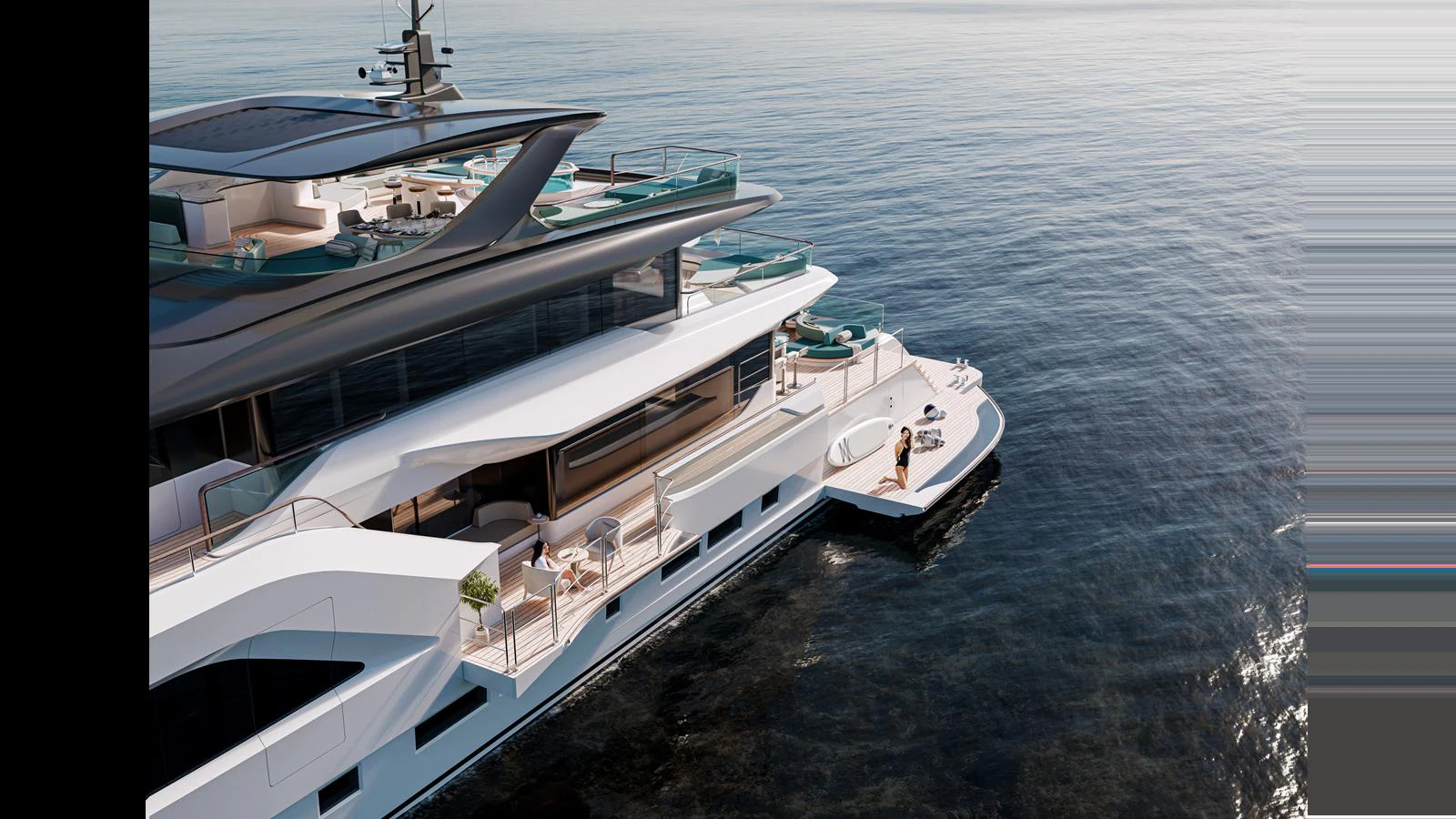 A luxurious yacht with multiple decks and elegant outdoor lounging areas, floating serenely on calm waters. aboard GEMINI Yacht for Sale