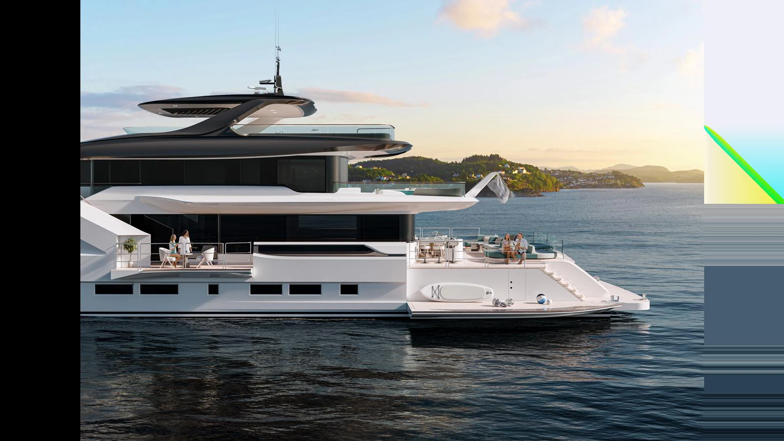A sleek and modern yacht cruising on calm waters during sunset. aboard GEMINI Yacht for Sale