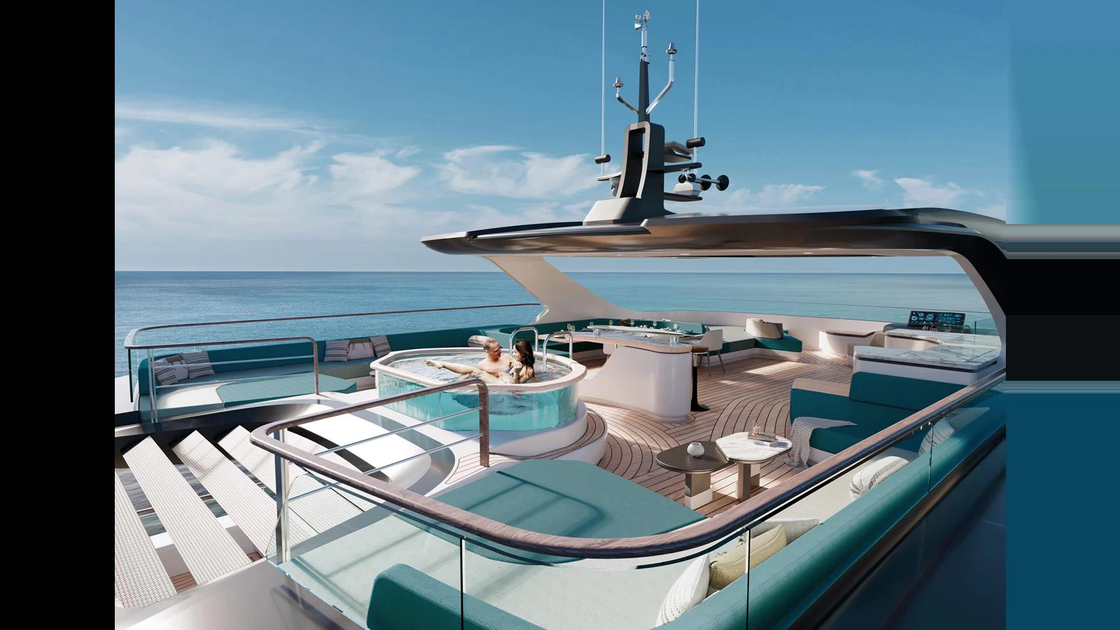 The sundeck features a luxurious hot tub and ample lounging areas with stunning ocean views. aboard GEMINI Yacht for Sale