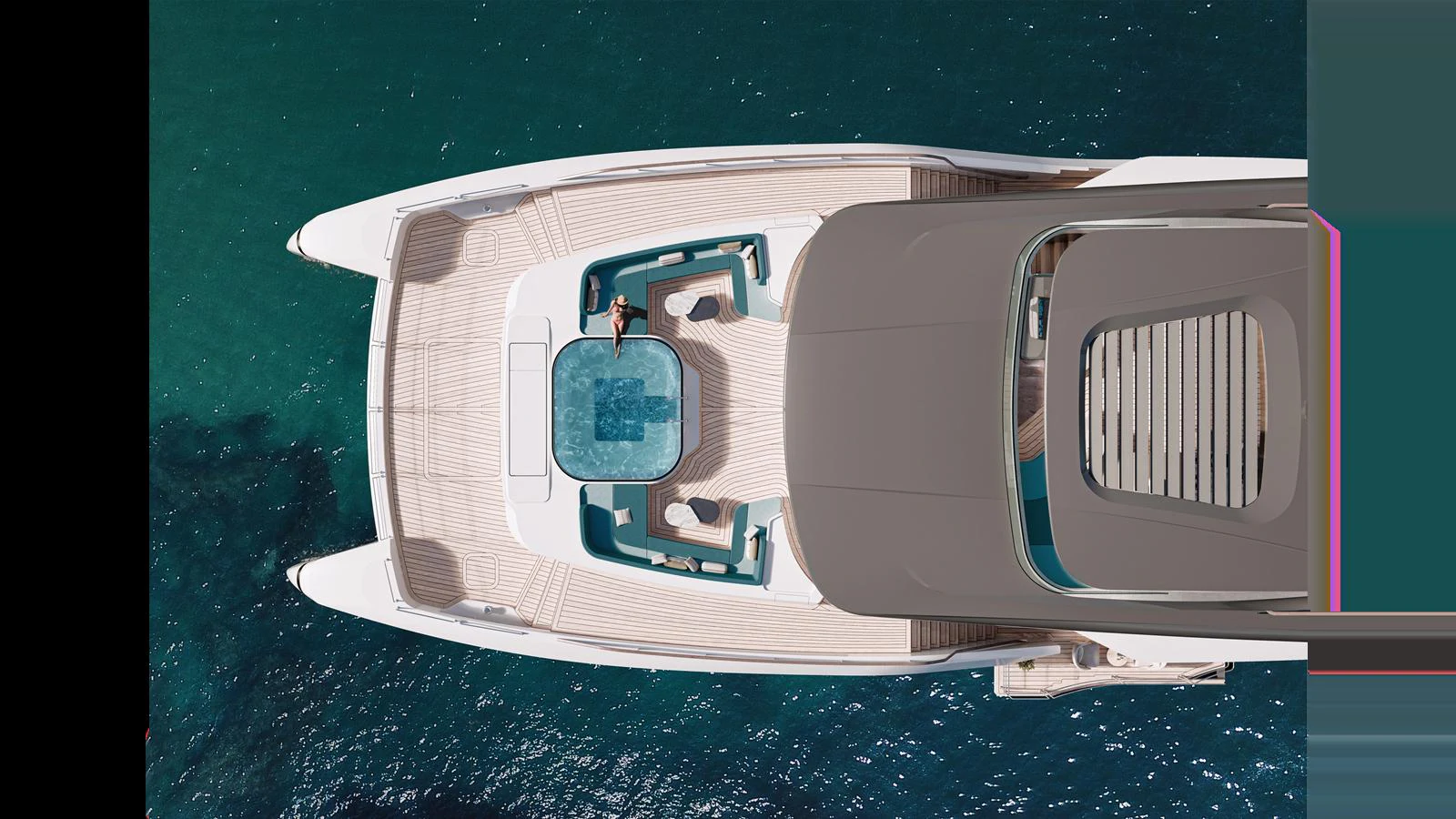 The sundeck features a luxurious hot tub surrounded by comfortable seating, perfect for relaxation. aboard GEMINI Yacht for Sale