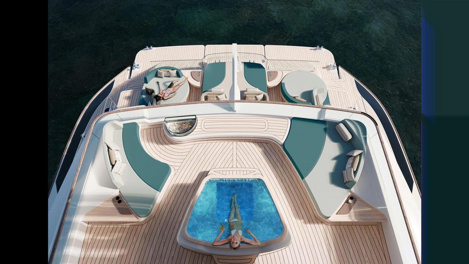 The sundeck features a luxurious jacuzzi surrounded by plush seating and sun loungers, perfect for relaxation. aboard GEMINI Yacht for Sale