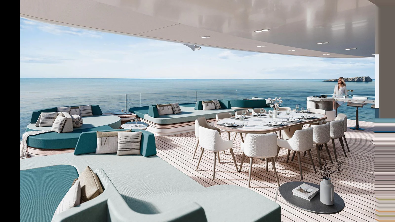 The aft deck offers luxurious outdoor dining and lounging areas with stunning ocean views. aboard GEMINI Yacht for Sale